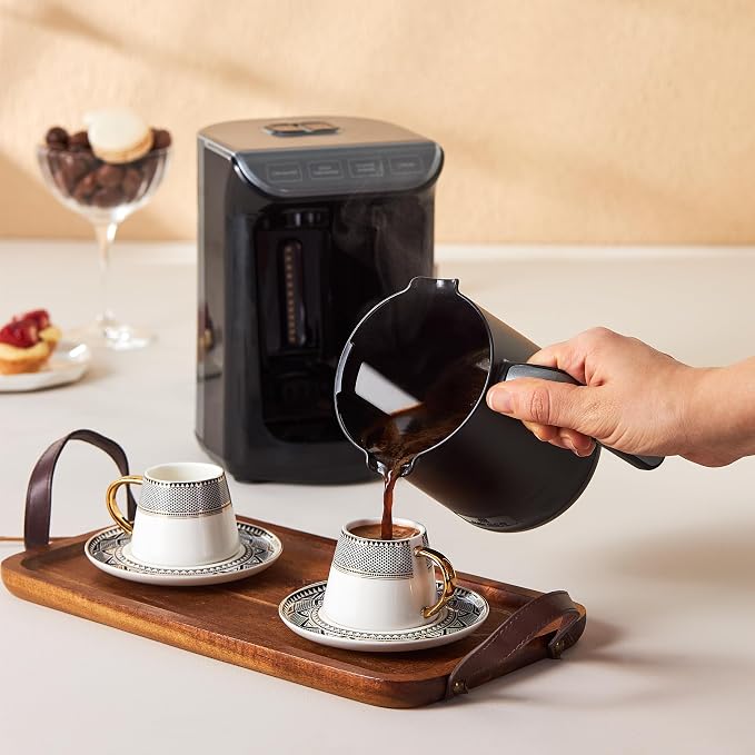 KARACA Globe Turkish Coffee Cup Set of 6, 80ml, 2.7 oz, Small Espresso Cups with Saucers, Porcelain, Black Patterns, and Gold Handles, Ideal for Serving Greek, Arabic Coffee
