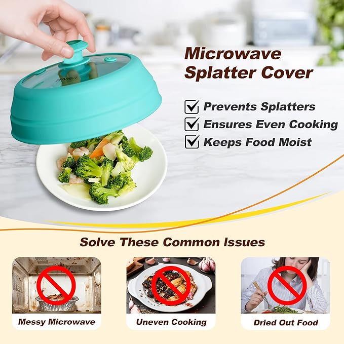 Microwave Splatter cover, Glass Microwave Cover for Food, 10.8 inch Guard Lid with Collapsible Silicone for 6-10 inch Plates & Bowls, Dishwasher Safe, 450°F Heat Resistant, BPA-Free, Blue