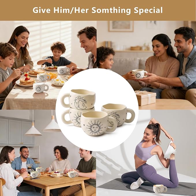 4pcs Boho Style Ceramic Moon and Sun Mugs, 9.4OZ Cute Coffee Cup Set, Matte Cream Color, Dishwasher Safe, Gift for Women/Couples
