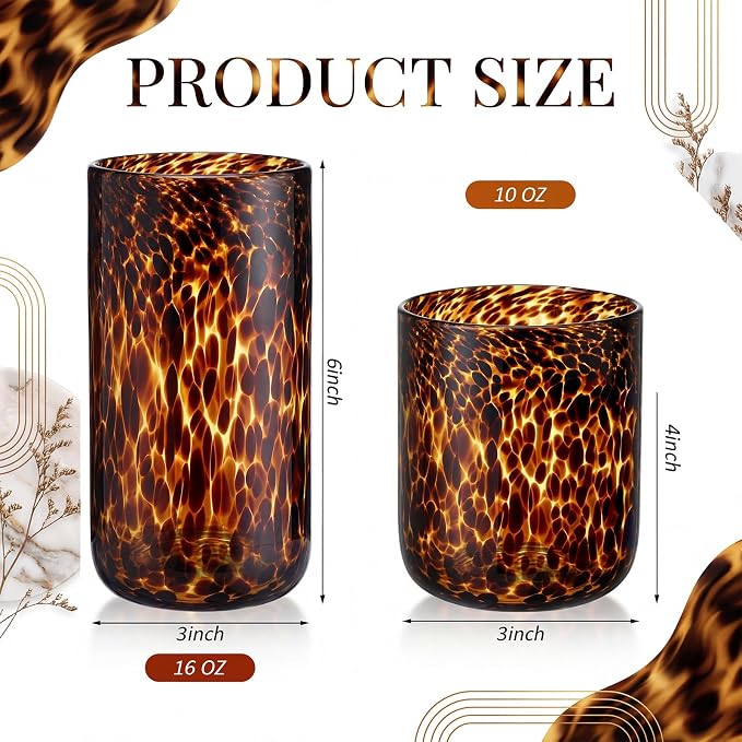 Honeydak Set of 4 Set of 4 Tortoise Leopard Print Brown Rocks Glasses Stylish Stemless Cocktail Cups Glass Glassware Tumbler Ideal for Gin, Tequila, Vodka, Soft Drinks (Whiskey Cup,10oz,16oz)