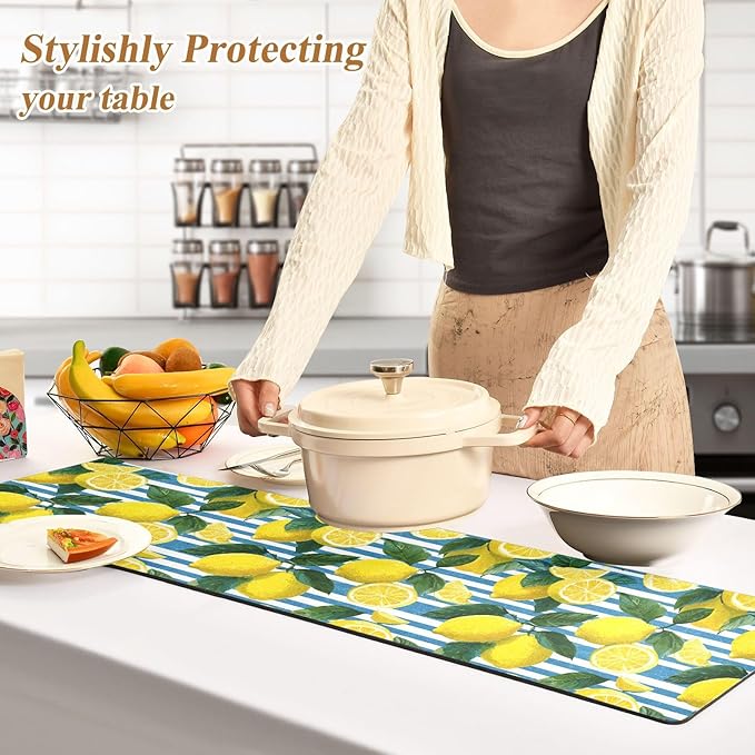 Blue Striped Summer Lemons Trivet Table Runner Heat Resistant 230F for Hot Dishes Pots Plates Kitchen Dining Table Protector Decorative 39.37 X 11.8 Inch