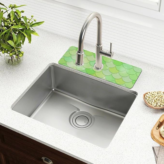 Kitchen Sink Splash Guard 1 PC 30 Inch Sink Faucet Mat Splash Guard for Bathroom Countertop Water Absorbent Foldable Cuttable Soft Washable Green Fish Scale
