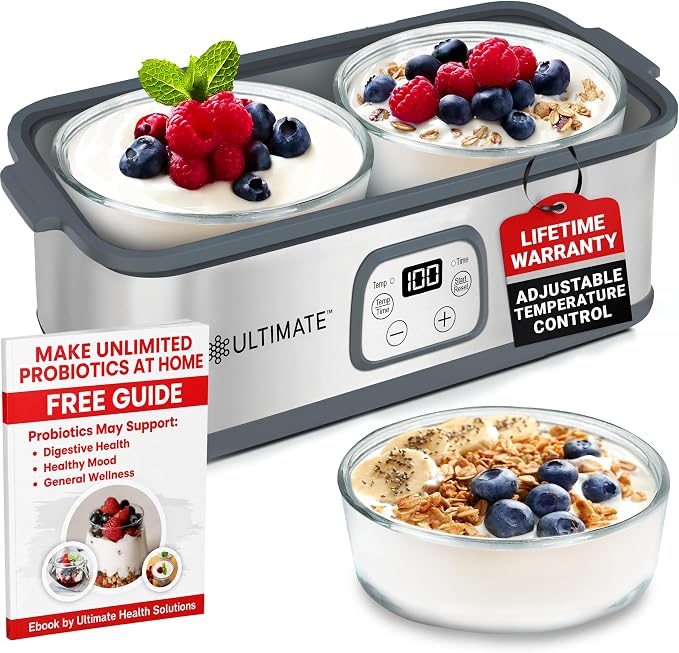 Ultimate Probiotic Yogurt Maker with Adjustable Time & Temperature Control, Make Trillions of Probiotics for Better Gut Health, Two 1-Quart Containers for Larger Batches, UNLIMITED LIFETIME WARRANTY
