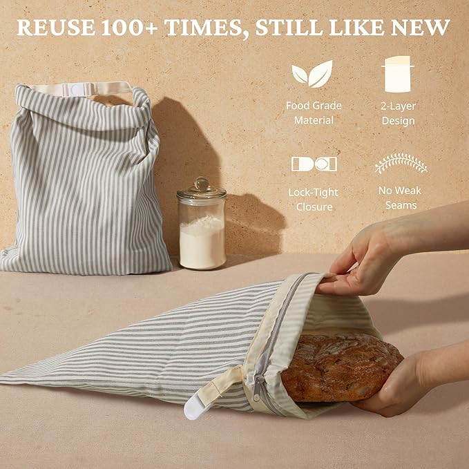 BRONYPRO Reusable Beeswax and Linen Bread Bags with Zipper, 2-Pack Waxed Bread Bags for Homemade Bread & Sourdough, Sustainable Sourdough Loaf Storage to Lock in Freshness, Large 17x12.6in, Grey