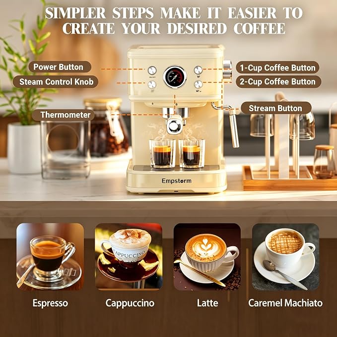 Empstorm Espresso Machine 20 Bar, 2 in 1 Espresso Maker with Milk Frother Steam Wand for Latte and Cappuccino, Powder and Capsule Portafilter, 50oz Removable Water Tank Coffee Machine for Home-White