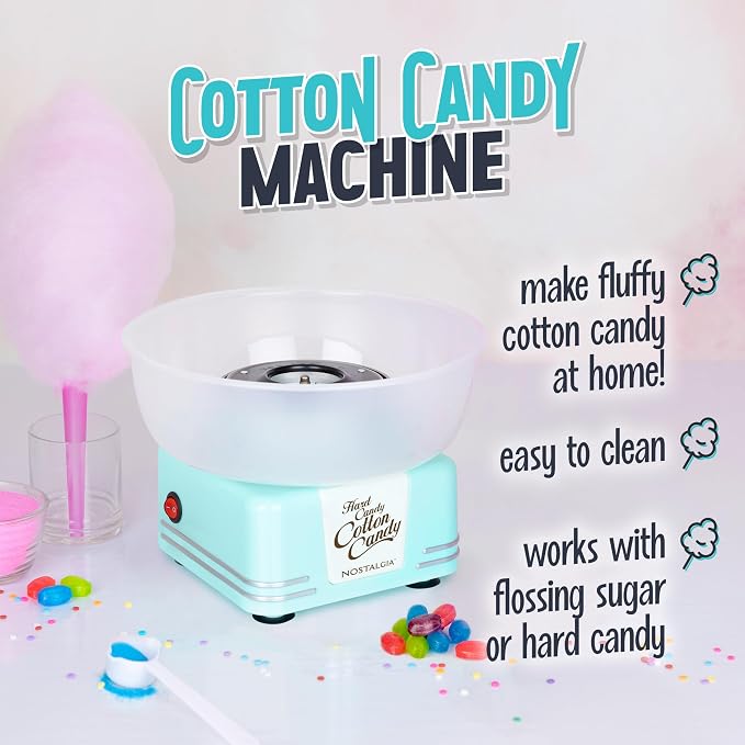 Nostalgia Countertop Cotton Candy Machine – Use Normal or Sugar-Free Candy or Flossing Sugar – Includes 2 Reusable Cones and Measuring Scoop – Aqua