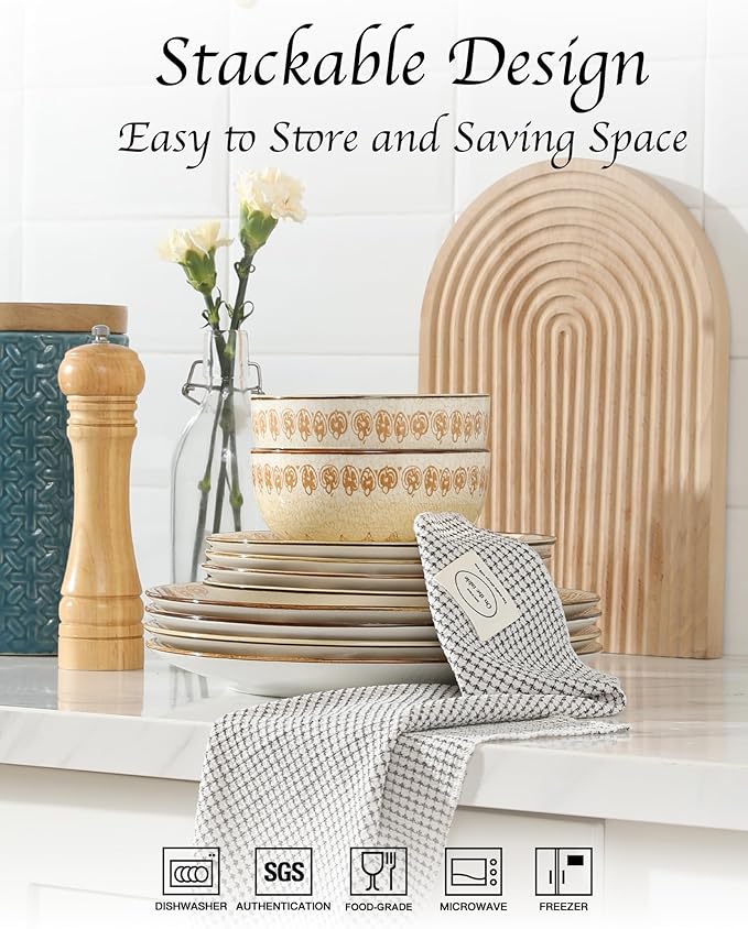Sweejar 24 Piece Dinnerware Sets for 8, Porcelain Plates and Bowls Set for Kitchen, Housewaring Gift, Chip and Scratch Resistant, Easy Cleaning Dishes Set, Stack Compactly Dishware, Bohemian