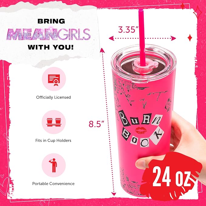 Dragon Glassware x Mean Girls Burn Book Tumbler with Straw & Lid, 24 oz | Vacuum Insulated Stainless Steel Tumbler with Straw & Lid; Double Walled Tumbler; Official Mean Girls Cup
