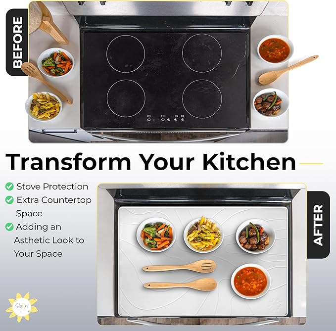 Stove Top Covers for Electric Stove - Silicone Stove Mat for Glass Top Stove - 28"x20" Stove Top Protector, Heat Resistant (450°F), XL Dish Drying Mat, Stove Cover – Pearl White