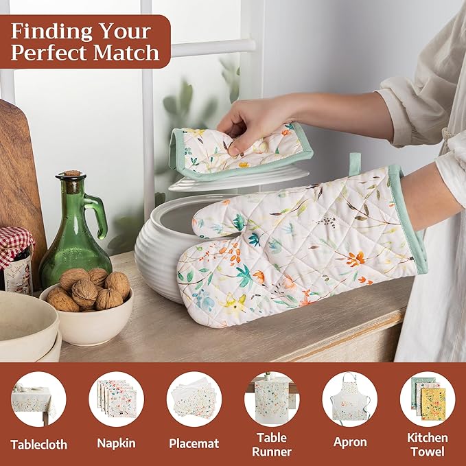 Maison d' Hermine 100% Cotton Oven Mitt & Pot Holder Set (7.5"x13" & 8"x8") Heat Resistant BBQ Cooking Gloves with Loop Baking Grilling Kitchen Gifts for Mothers Day Spring/Summer (Colmar)
