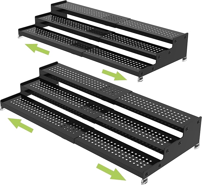Jojocross Metal Spice Rack Organizer for Cabinet, 3 Tier Expandable Spice Storage shelf, Great for Kitchen Cabinets, Cupboard,Pantry and Countertop More,Metal plate with hole(2PACKS/BLACK)