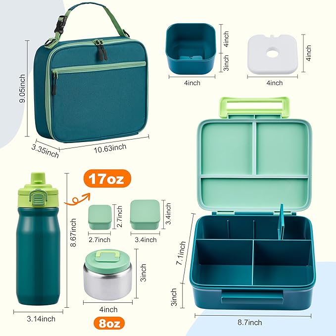 MAISON HUIS Bento Box for Kids with 8oz Soup Thermo, Leak-proof Lunch Food Containers with 5 Compartment, Insulated Lunch Bag & 17oz Stainless Steel Water Bottle for School, Trvael