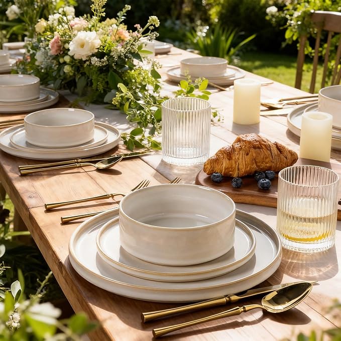 AmorArc Ceramic Dinnerware Sets, Handmade Reactive Glaze Stoneware Plates and Bowls Sets,Highly Chip and Crack Resistant | Dishwasher & Microwave Safe Dishes Set, Service for 8 (24pc)