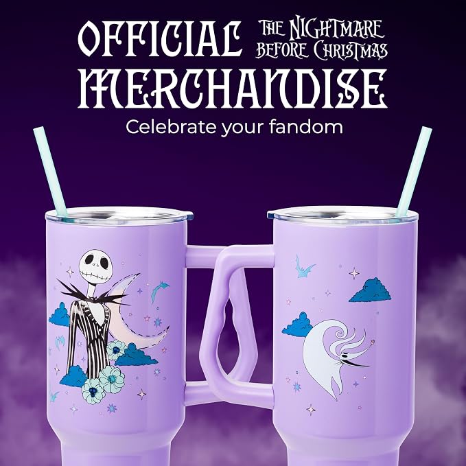 Silver Buffalo Disney Nightmare Before Christmas by Tim Burton Jack Skellington Double Walled Stainless Steel Tumbler with Handle and Straw, Fits in Standard Cup Holder, 40 Ounces
