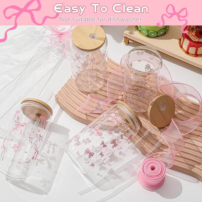 Mumufy 8 Sets Coquette Bow Glass Cups with Clear Gift Bag 16 oz Reusable Pink Iced Coffee Mugs Aesthetic Cute Tumbler with Lids and Straws, Gifts for Girls Women Bridesmaid