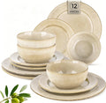 GBHOME Ceramic Dinnerware Sets,12 pcs Embossed Elegant Stoneware Plates and Bowls Sets, Housewarming Wedding Gift | Dishwasher & Microwave Safe | Dishes Set Service for 4