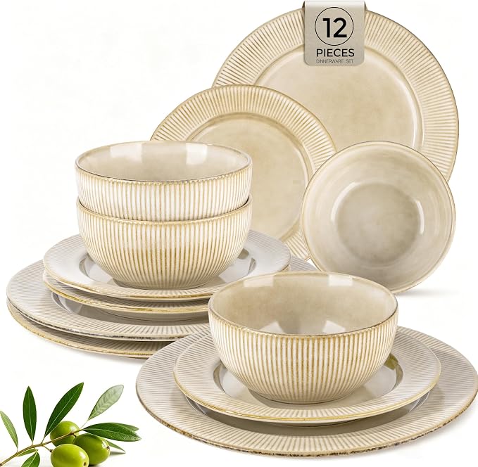 GBHOME Ceramic Dinnerware Sets,12 pcs Embossed Elegant Stoneware Plates and Bowls Sets, Housewarming Wedding Gift | Dishwasher & Microwave Safe | Dishes Set Service for 4