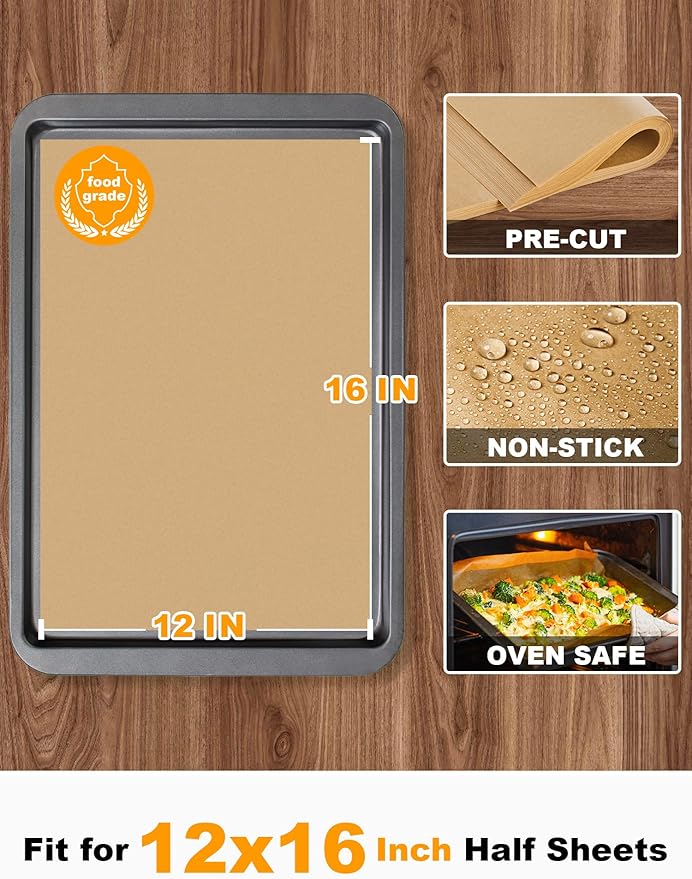 SMARTAKE 200 Pcs Parchment Paper Baking Sheets, 12x16 Inches Non-Stick Precut Baking Parchment, for Baking Grilling Steaming Bread Cup Cake Cookie and More (Unbleached)