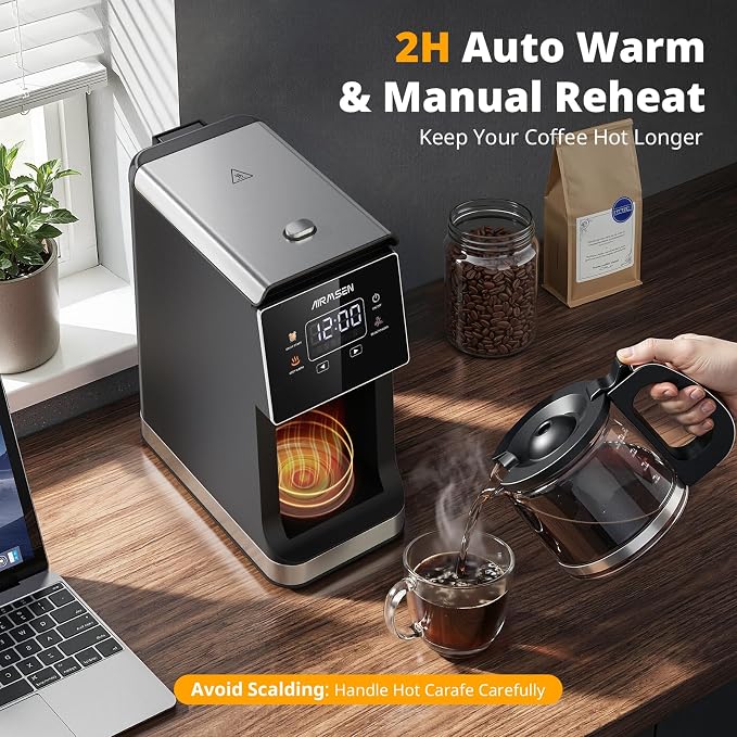 AIRMSEN Grind & Brew Coffee Maker with Built-in Grinder, Programmable Single Serve Coffee Maker - 5 Cup-800ML, 3 Grind Settings, Auto Keep Warm & Glass Carafe for Small Home and Office
