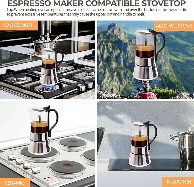 Clear Glass Moka Pot 6 Cup 350ml Stainless Steel Coffee Maker Uncoated Stovetop Espresso Coffeemaker Italian Classic Style Brewing Greca Cafe Mocha Machine for Cafeteras Camping Travel Home