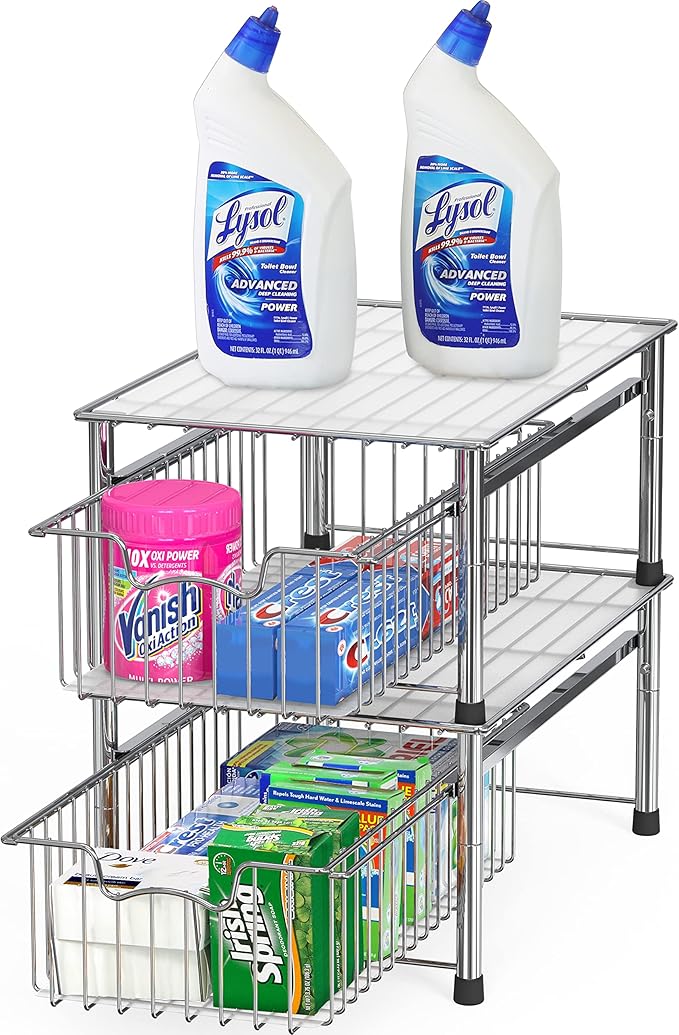 Simple Houseware Stackable 3 Tier Sliding Basket + Single Tier Basket, Chrome