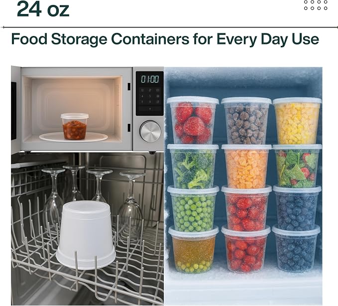 24oz [12 set] Heavy Duty Plastic Deli Container | BPA-Free Food Storage with Airtight Leak‑Proof Lids | Microwave, Freezer & Dishwasher Safe – Stackable, Bulk Reusable Soup & Meal Prep Tub