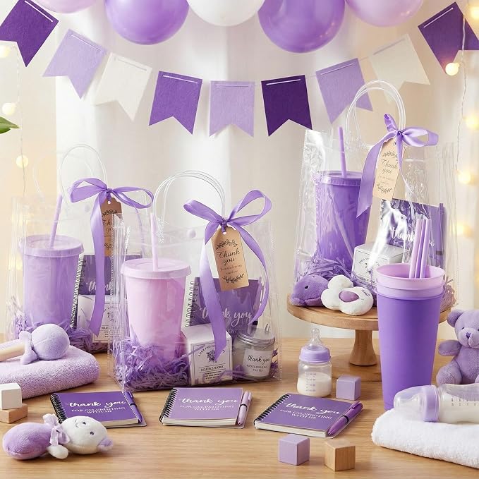 Nuogo 12 Sets New Parent Shower Prizes for Player Winners Adult, Wedding Bridal Shower Gift, Plastic Tumbler Notebook Scented Candle Ballpoint Pen Bag (Gradient Purple,Classic Style)