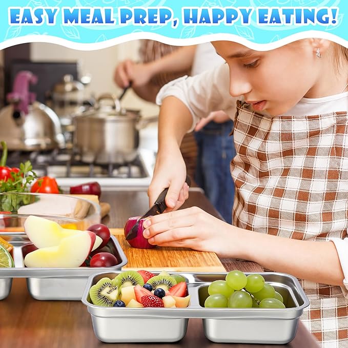 Teenyyou 20 Pcs Stainless Steel Snack Containers 30 oz 2-compartment Meal Prep Containers Reusable Metal Divided Bento Box with Silicone Lids Leakproof Lunch Box Dishwasher Safe (Blue)