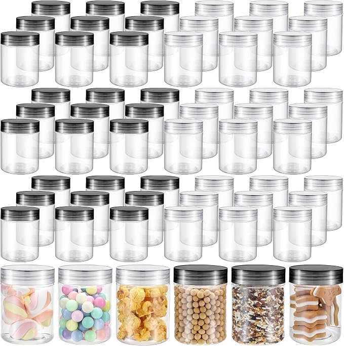 Sliner 60 Pcs 8 oz Plastic Jars with Lids Clear Round Leakproof Storage Containers Empty Refillable Plastic Mason Jars for Travel Storage Face Creams Kitchen Household Food Spice (Clear And Black)
