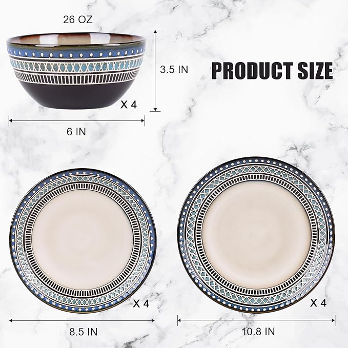 12 Piece Dinnerware Set for 4, Vintage Blue White Handmade Stoneware Plates and Bowls, Hand-Carved Relief with Geometric Pattern, Dishwasher Microwave Oven Safe, Scratch Resistant Dish Set