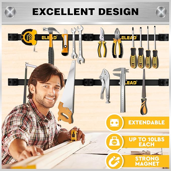 ELEAD 9-Piece 12" Magnetic Tool Holder Storage Organizer - Wall Mount Rack Garage Organization Power Magnet Hanger Workbench Board Slatwall Van Organizers Mounted Hanging Strip