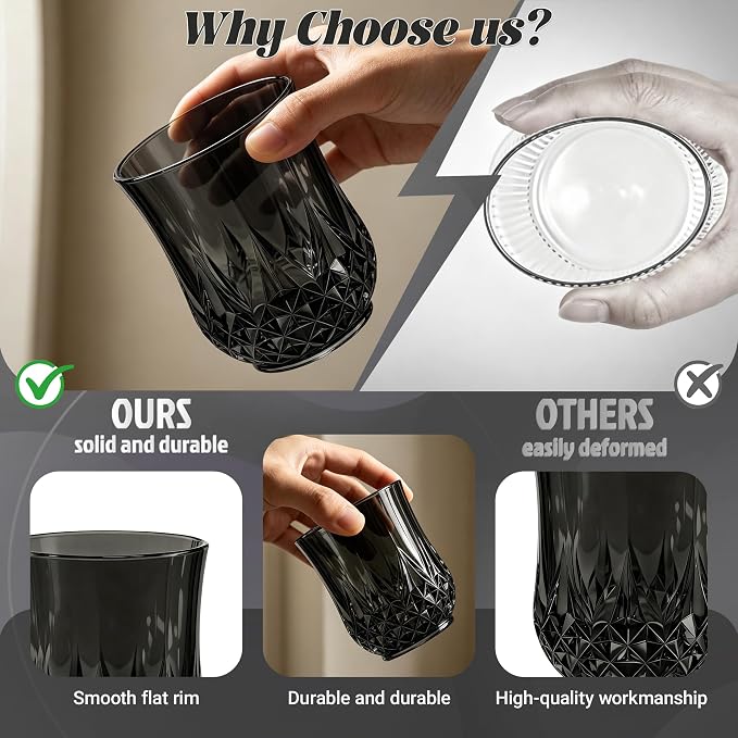 24 Pack Plastic Stemless Wine Glasses,12oz Unbreakable Vintage Elegant Drinking Glass Set,Reusable Fancy Cocktail Cups for Party, Wedding, and Bulk Events (24, 12oz-Black)