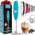 Zulay Kitchen Powerful Milk Frother Wand - Ultra Fast Handheld Drink Mixer - Electric Whisk Foam Maker for Coffee, Lattes, Cappuccino, Matcha & Creamer - Love Coffee Blue