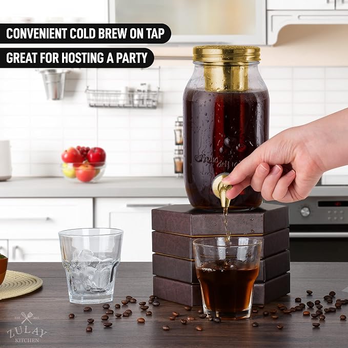 Zulay Kitchen 1.5 Liter Cold Brew Coffee Maker with EXTRA-THICK Glass Carafe & Stainless Steel Mesh Filter - Premium Iced Coffee Maker, Cold Brew Pitcher & Tea Infuser (Gold)…