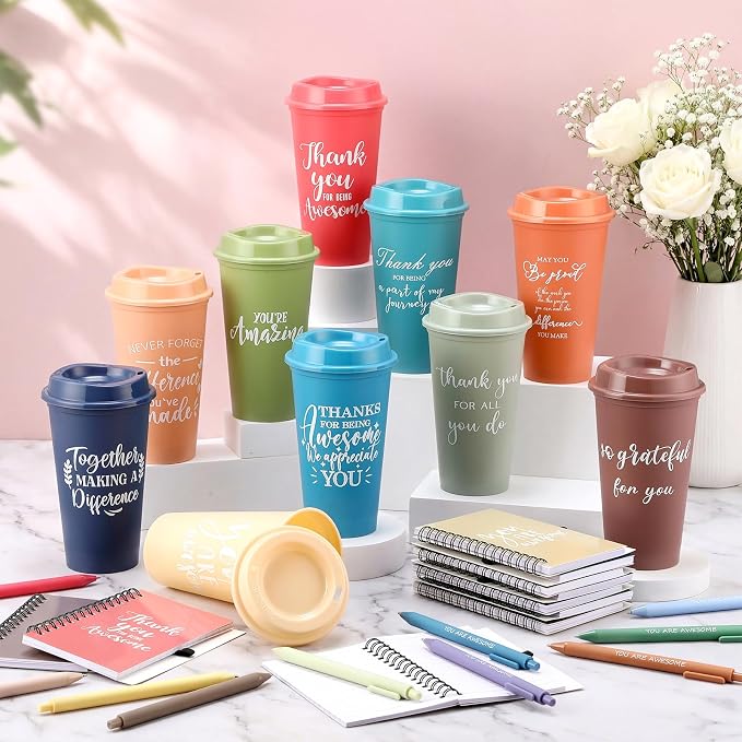 Teenyyou 90 Pcs Employee Appreciation Gift Set, 16oz Tumbler with Lid Notebook Pen Bulk Thank You Gift Holiday Party Favor for Teachers Office Coworker Teacher Staff Team (Bright Color,Delicate Style)