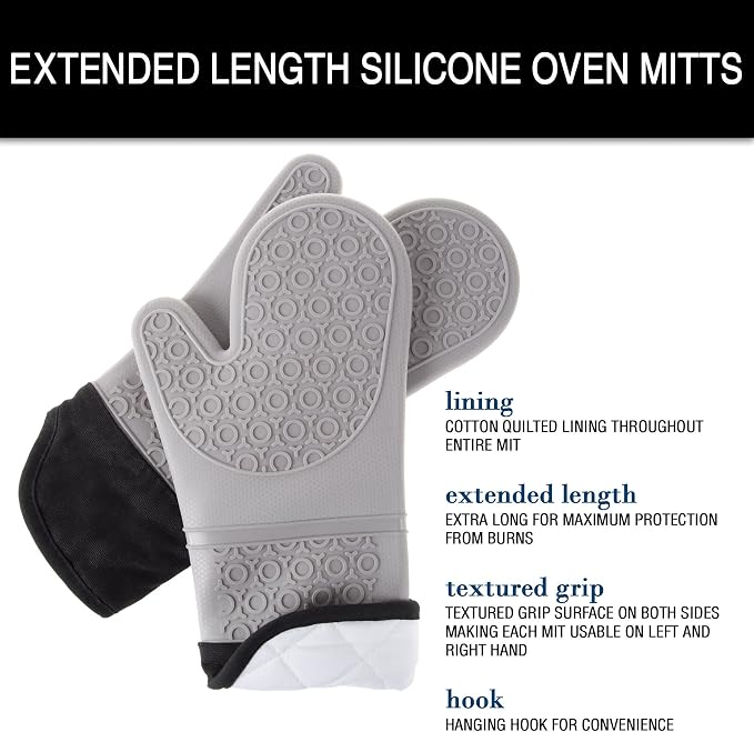 Silicone Oven Mitts – Extra Long Professional Quality Heat Resistant with Quilted Lining and 2-sided Textured Grip – 1 pair Gray by Bedford Home