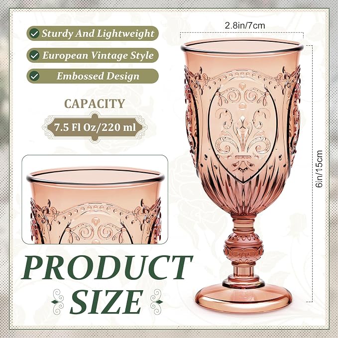 Wiwiqing 24 Pcs Plastic Goblets 7.5oz Vintage Goblet Plastic Wine Glasses Colored Retro Embossed Water Goblets for Wine Bar Juice Baby Shower Wedding Reception Grand Event Party (Rose Gold)