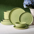 12-Piece Stoneware Dinnerware Sets, Service for 4 - Farmhouse Coupe Plates and Bowls with Speckles & Spirals - Chip & Scratch Resistant, Microwave & Dishwasher Safe, Olive Green