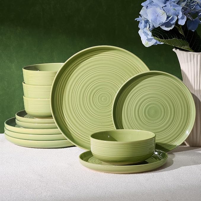 12-Piece Stoneware Dinnerware Sets, Service for 4 - Farmhouse Coupe Plates and Bowls with Speckles & Spirals - Chip & Scratch Resistant, Microwave & Dishwasher Safe, Olive Green