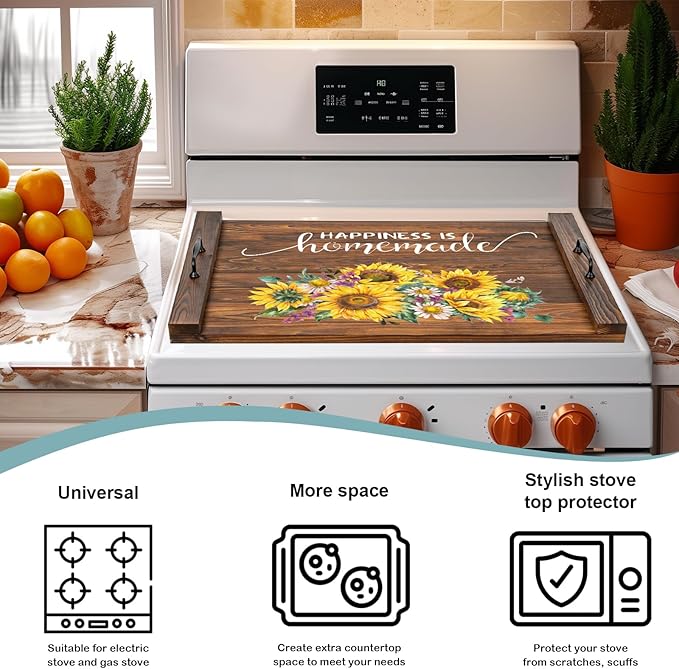 Noodle Board Stovetop Cover with Handles, Sunflower Kitchen Decor Wood Block Covers for Electric & Gas Stove, RV Stove Burner and Sink, Farmhouse Decorative Wooden Tray for Kitchen