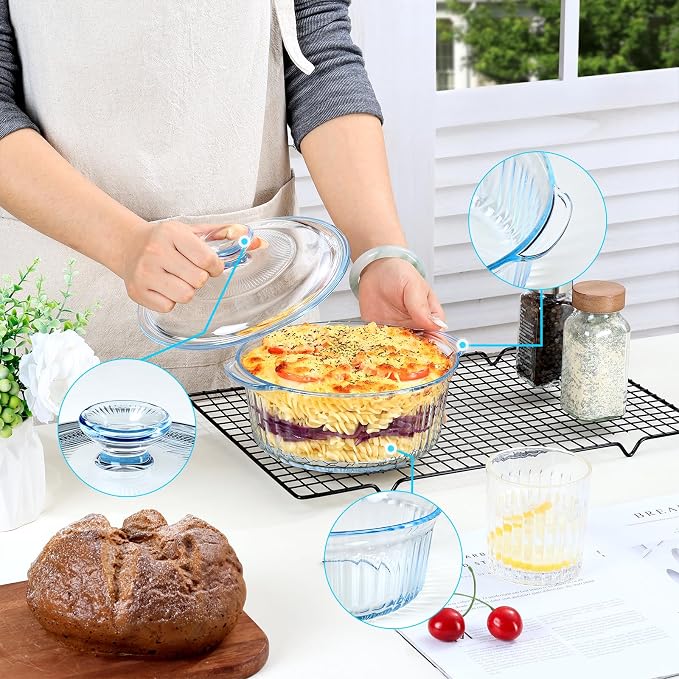 NUTRIUPS Glass Casserole Dish with Glass Lid, Borosilicate Glass,Casserole Dish for Oven, Baking Dish with Lid (1.6QT-ear)