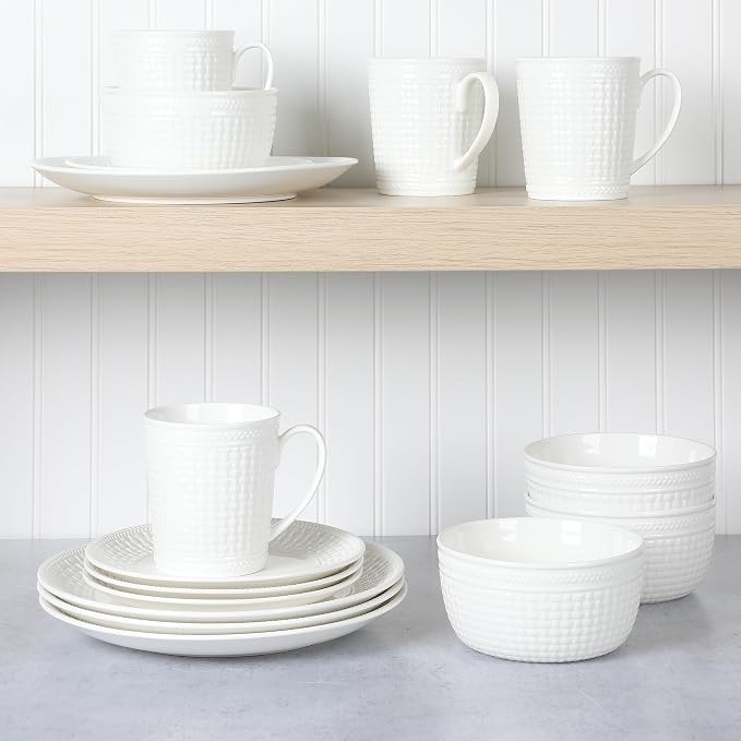 Martha Stewart 16 Piece Basket Weave New Bone China Embossed Porcelain Chip and Scratch Resistant Dinnerware Set