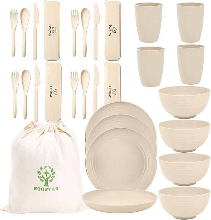 ECOSTAR Wheat Straw Dinnerware Sets Unbreakable Plates Bowls and Cups Reusable Utensils Dishwasher Microwave Safe Bowls and Plates Sets (Beige)
