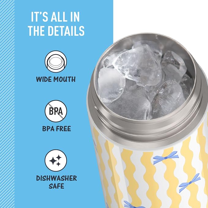 THERMOS FUNTAINER 16 Ounce Stainless Steel Vacuum Insulated Bottle with Wide Spout Lid, Wavy Bows