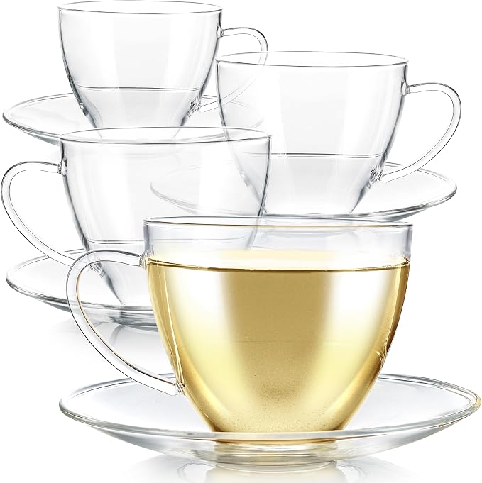 Teabloom Royal Teacup and Saucer Set 4-Pack – Large Size – 12 OZ/ 350 ML Capacity – Crystal Clear Classic Design – Glass Mug Set – Premium, Healthful Borosilicate Glass – Odor and Stain-Free