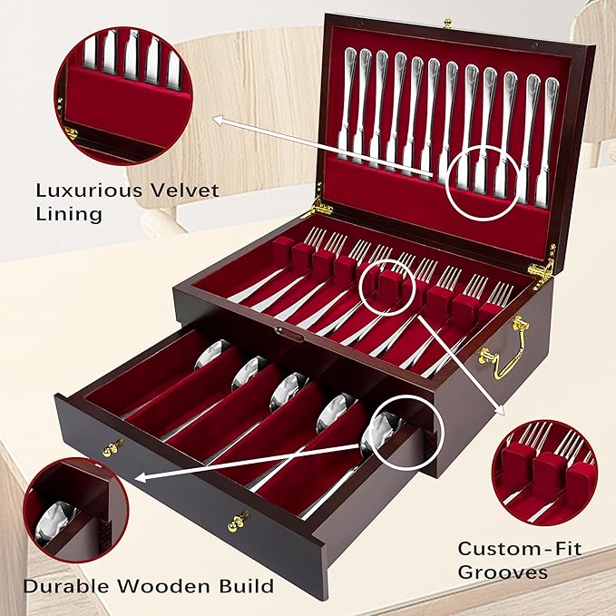Silverware Storage Box Solid Wood with Lid, 2 Layer Silverware Storage Chest, 15.5'' ×11.5'' Silverware Organizer with Handle and Felt Lined, Chest for Flatware Setting Up 30