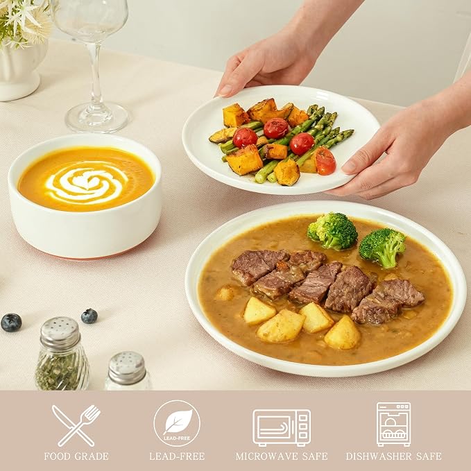 6 Piece Dinnerware Set, Dual Glaze Stoneware Plates and Bowls Sets, Modern Dinner Plate, Salad Plate, Cereal Bowl, Dish Set for 2, Microwave and Dishwasher Safe, Stardust Glaze White