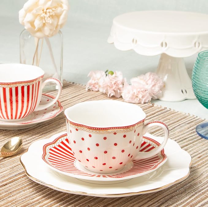 Red Dot Stripes Scallop 9-Ounce Porcelain Tea/Coffee Cup and Saucer, Set of 2