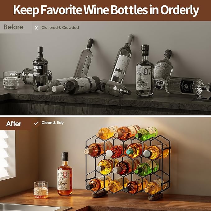 Nuovoware Countertop Wine Rack, 14-Bottle Freestanding Modern Carbon Steel Holder Hexagonal Structure, 3 Tier Tabletop Wine Bottle Organizer Storage for Cabinet, Pantry, Black+Retro Brown