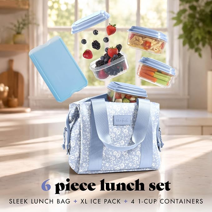 Fit & Fresh Remi Lunch Bag for Women Work – Neoprene Lunch Tote with Containers & Ice Pack, Reusable Meal Prep Lunch Box, Large Capacity, Machine Washable